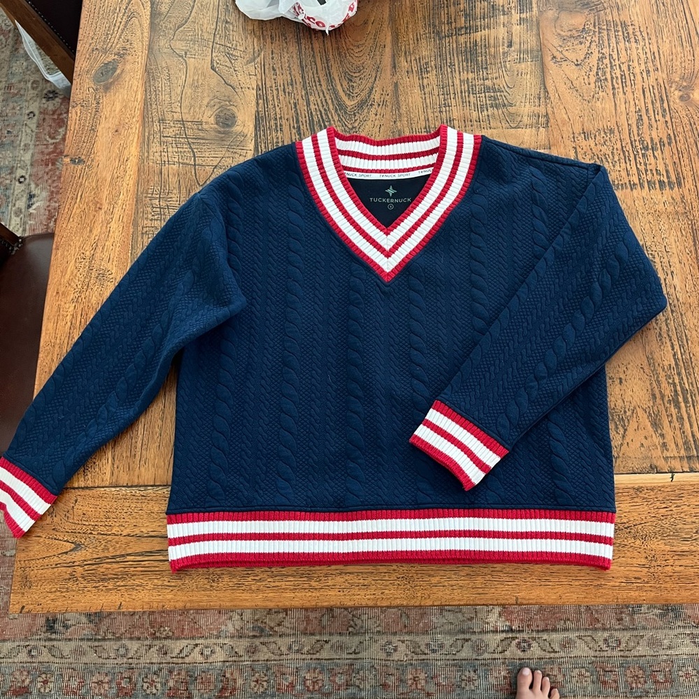Tuckernuck v- neck Navy Sweater with Red and White Accents, Turner pullover